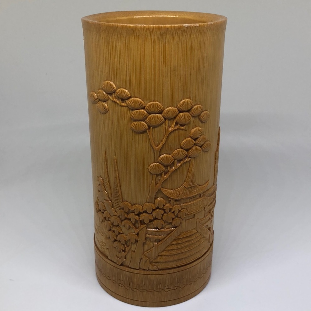 Vintage china bamboo carving decorative vase 7”